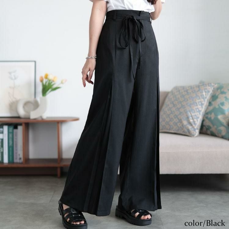 大きいサイズ レディース リボンベルトセンタータックワイドパンツ　tana-651015 【メール便可】 ブラック