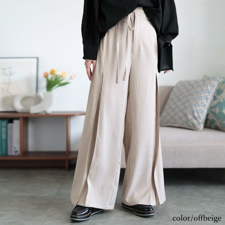 大きいサイズ レディース リボンベルトセンタータックワイドパンツ　tana-651015 【メール便可】 オフベージュ