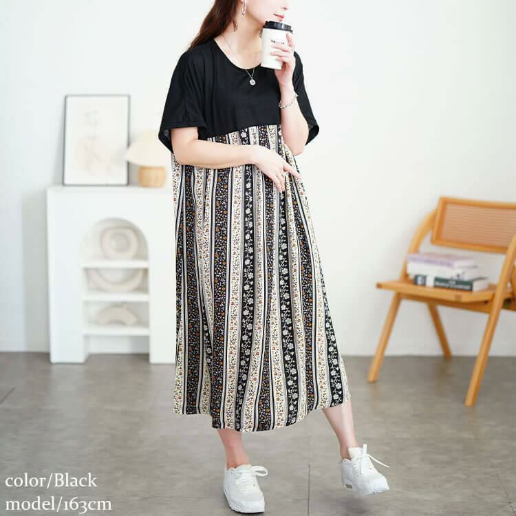 大きいサイズ レディース 小花柄切り替えワンピース　cast-5554042 【メール便可】 ブラック