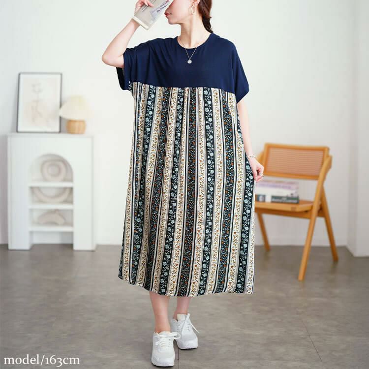 大きいサイズ レディース 小花柄切り替えワンピース　cast-5554042 【メール便可】 ネイビー