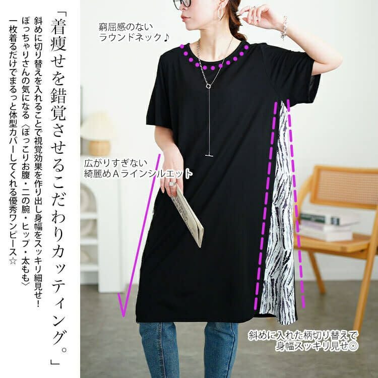 大きいサイズ レディース アート柄サイド切り替えワンピース　cast-5554041 【メール便可】