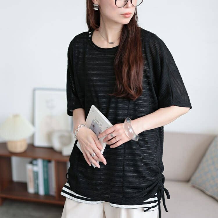 大きいサイズ レディース 透かし編みドルマンニット＆ボーダータンクトップ2点セット　cast-5554038 【メール便可】