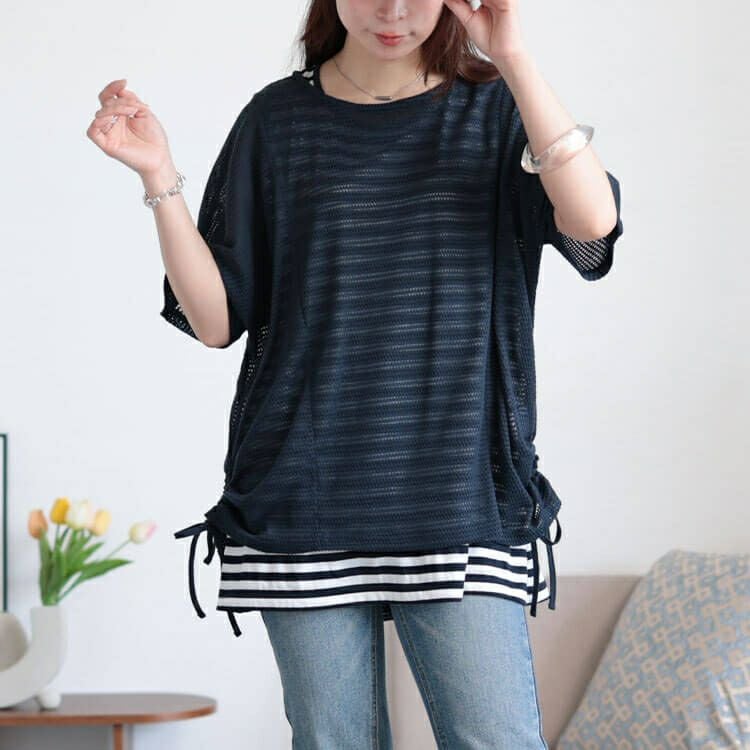 大きいサイズ レディース 透かし編みドルマンニット＆ボーダータンクトップ2点セット　cast-5554038 【メール便可】