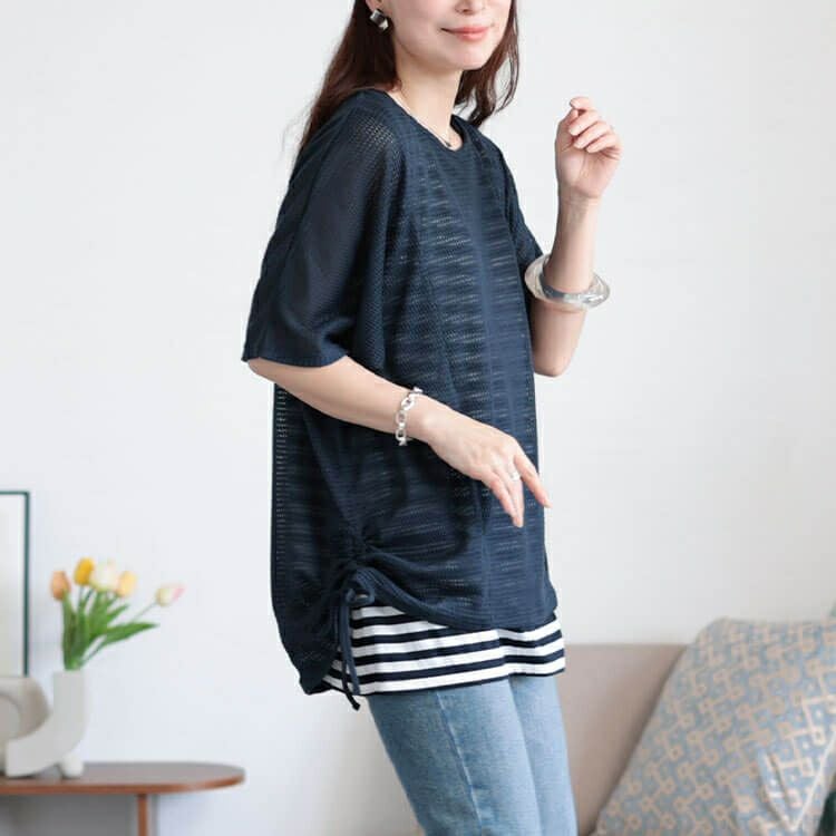 大きいサイズ レディース 透かし編みドルマンニット＆ボーダータンクトップ2点セット　cast-5554038 【メール便可】