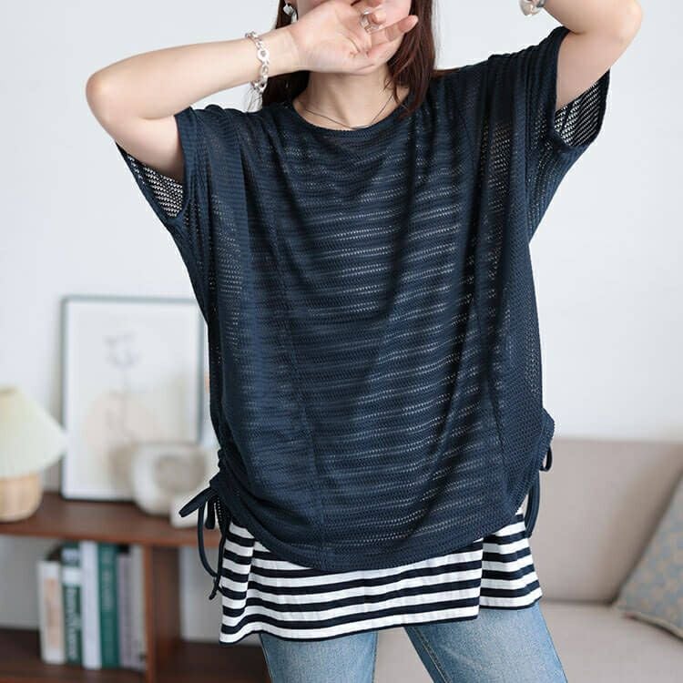 大きいサイズ レディース 透かし編みドルマンニット＆ボーダータンクトップ2点セット　cast-5554038 【メール便可】