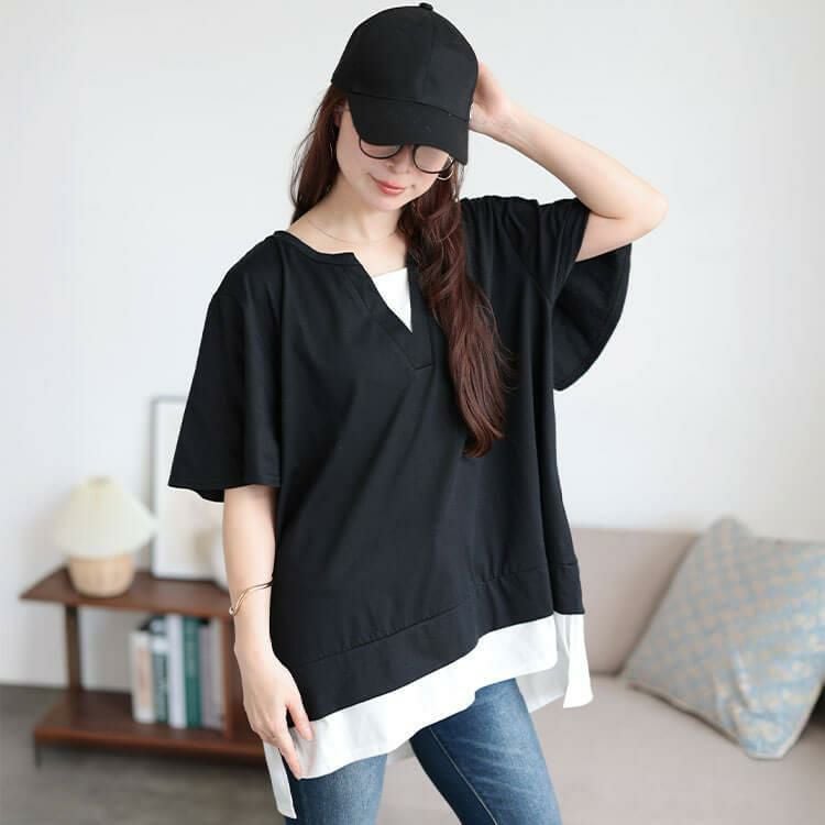 大きいサイズ レディース フレアスリーブフェイクレイヤードチュニック　bai-0183 【メール便可】 ブラック