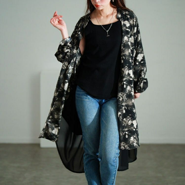 大きいサイズ レディース ぼかし花柄異素材チュニックシャツ　sum-0010【メール便可】