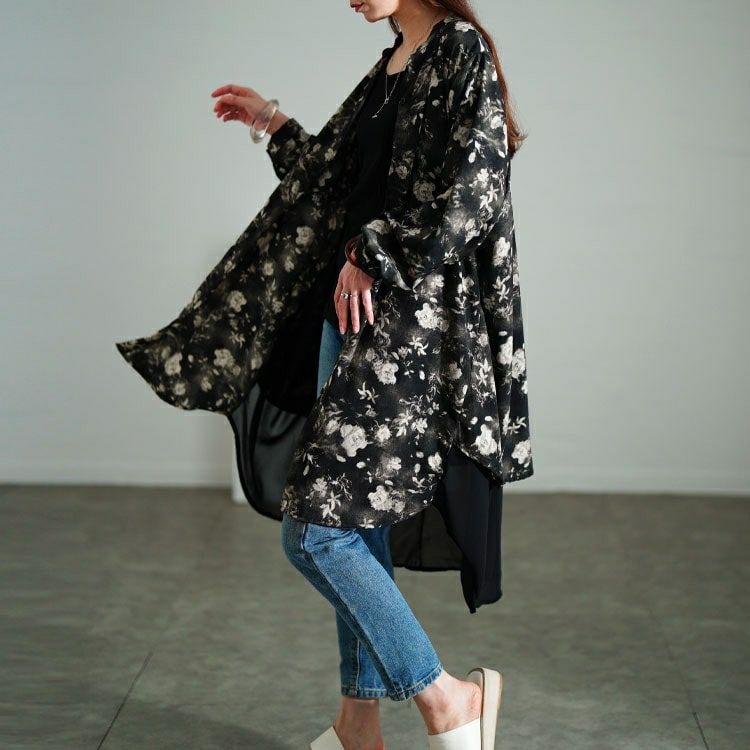 大きいサイズ レディース ぼかし花柄異素材チュニックシャツ　sum-0010【メール便可】