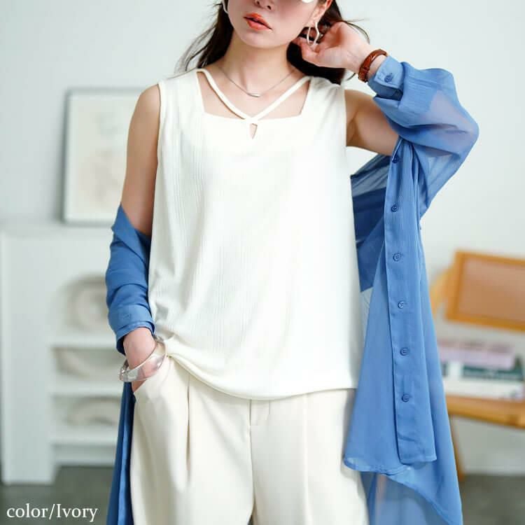 大きいサイズ レディース ホルターネックランダムリブタンクトップ　cpdai-659856【メール便可】 アイボリー