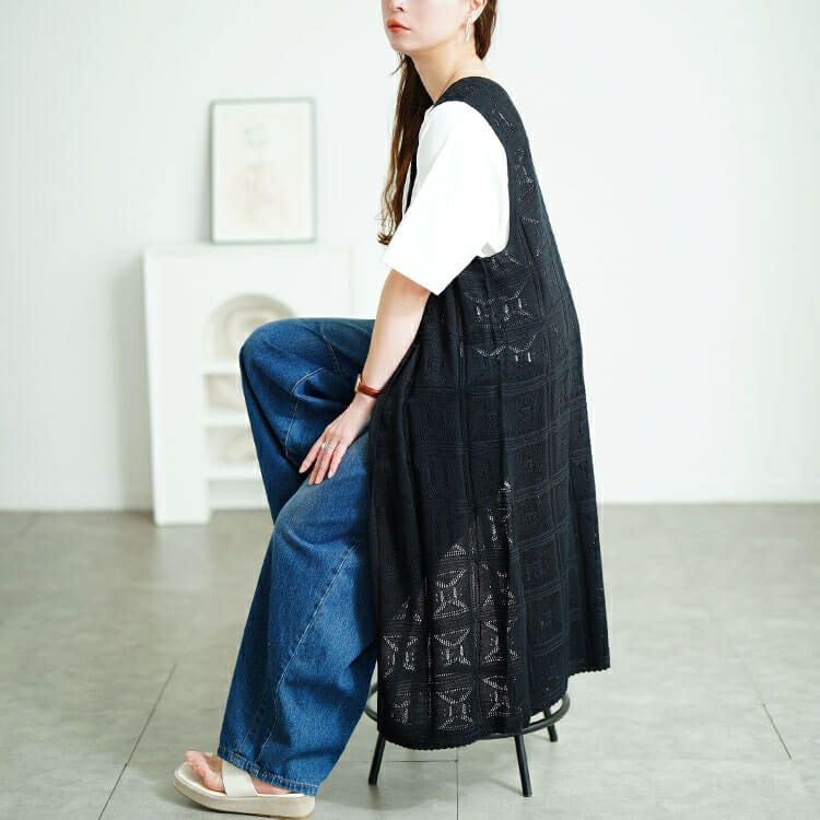 大きいサイズ レディース レース編みロングジレ　cpdai-640750