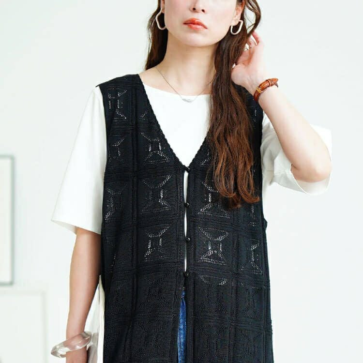 大きいサイズ レディース レース編みロングジレ　cpdai-640750