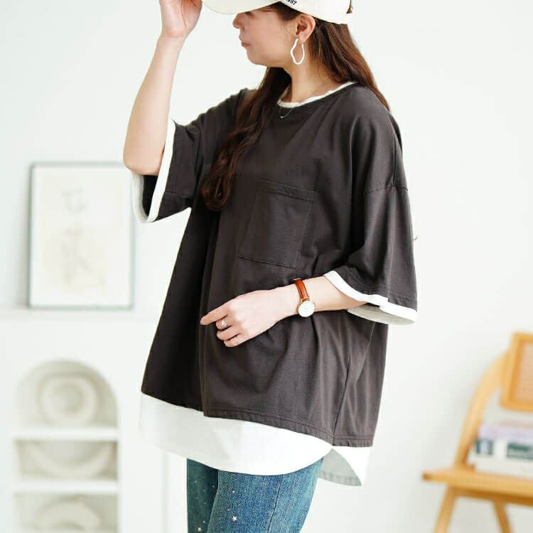 大きいサイズ レディース 接触冷感重ね着風コットンプルオーバー　cpdai-659680【メール便可】