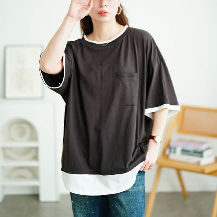 大きいサイズ レディース 接触冷感重ね着風コットンプルオーバー　cpdai-659680【メール便可】