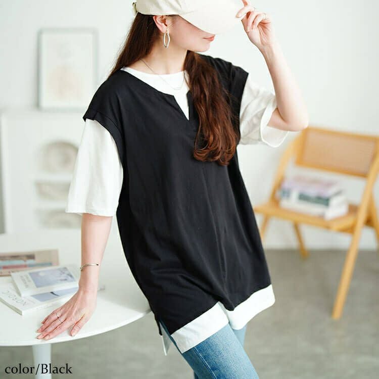 大きいサイズ レディース 接触冷感フェイクベストコットンプルオーバー　cpdai-659679【メール便可】