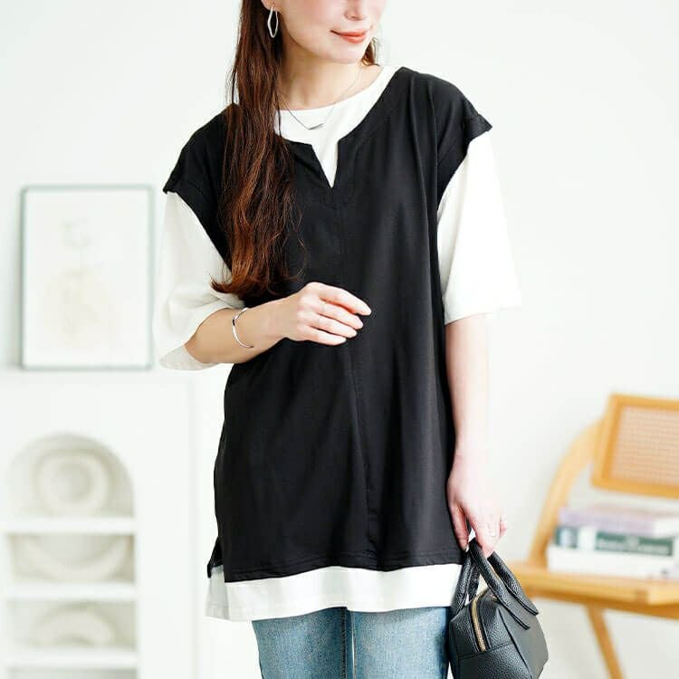 大きいサイズ レディース 接触冷感フェイクベストコットンプルオーバー　cpdai-659679【メール便可】