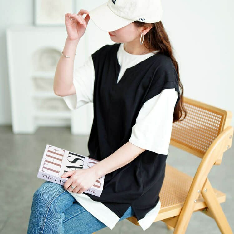 大きいサイズ レディース 接触冷感フェイクベストコットンプルオーバー　cpdai-659679【メール便可】