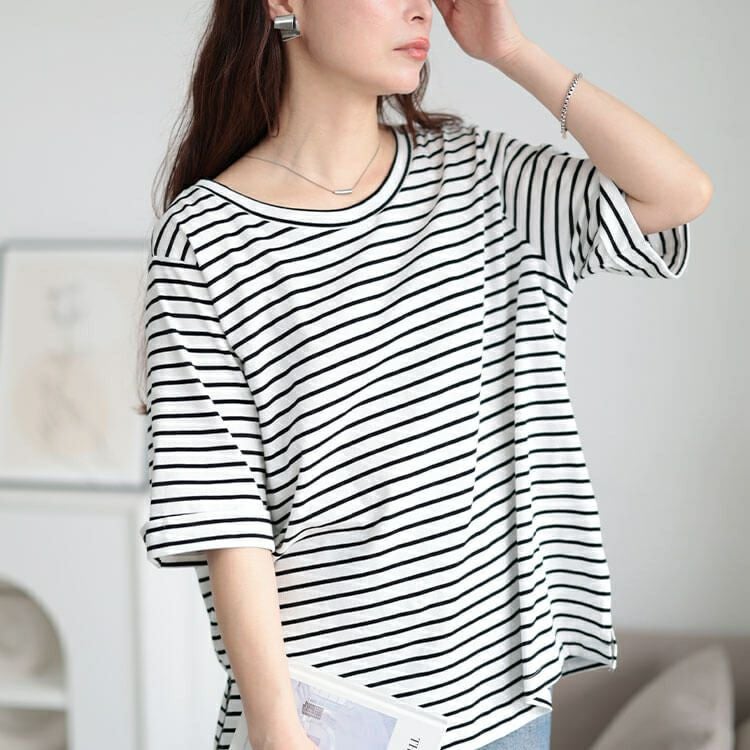 大きいサイズ レディース 接触冷感＆UVカット前後2wayボーダーTシャツ　cpdai-659851【メール便可】