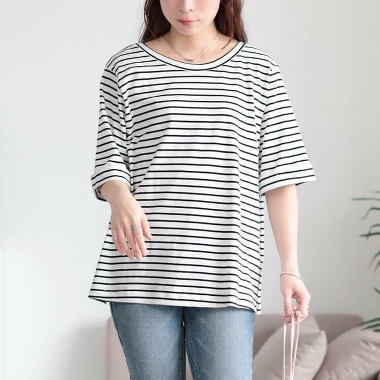 大きいサイズ レディース 接触冷感＆UVカット前後2wayボーダーTシャツ　cpdai-659851【メール便可】 ホワイト