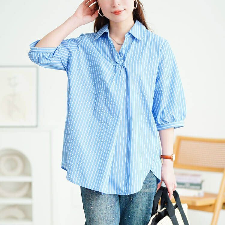 大きいサイズ レディース 接触冷感背中メッシュストライプシャツ　cpdai-640807【メール便可】