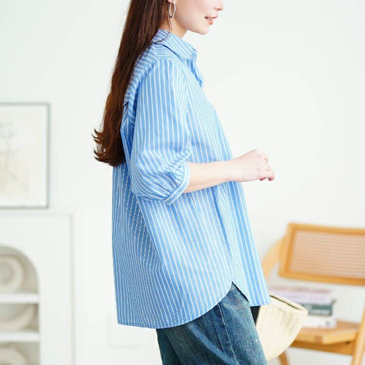 大きいサイズ レディース 接触冷感背中メッシュストライプシャツ　cpdai-640807【メール便可】
