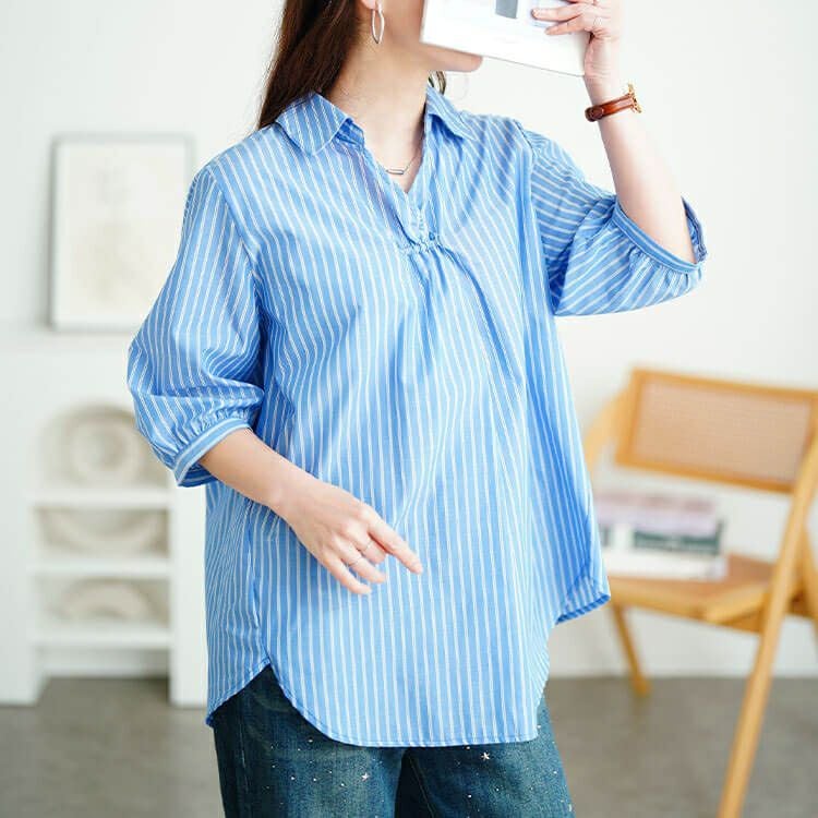 大きいサイズ レディース 接触冷感背中メッシュストライプシャツ　cpdai-640807【メール便可】