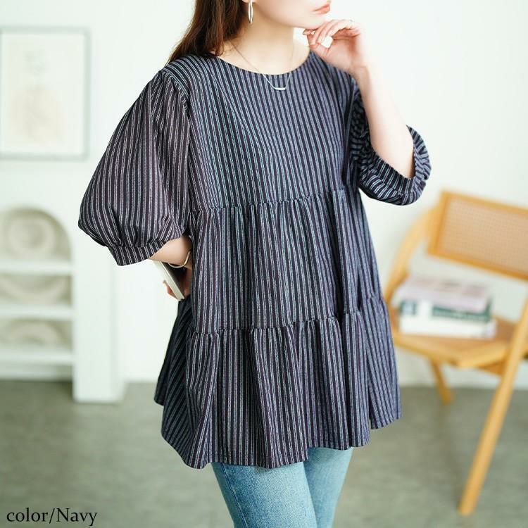 大きいサイズ レディース 接触冷感鹿の子ティアードチュニック　cpdai-659787【メール便可】 ネイビー