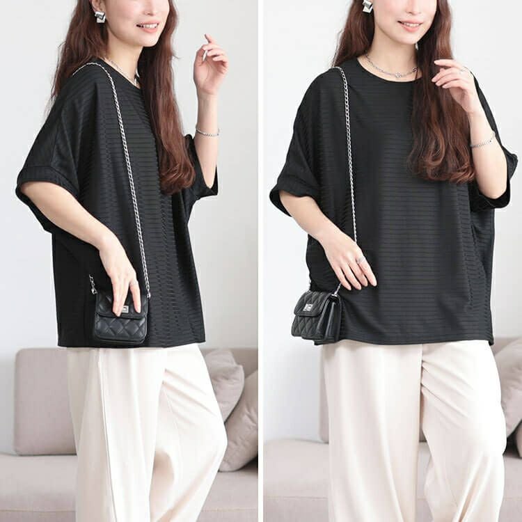 大きいサイズ レディース 接触冷感ボーダードルマンプルオーバー　mncut-152459【メール便可】