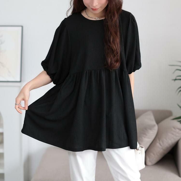 大きいサイズ レディース 楊柳パフスリーブペプラムチュニック　mncut-152316 ブラック