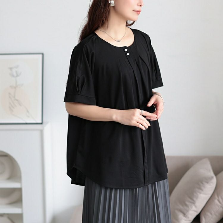 大きいサイズ レディース ラウンドネックタックドルマンプルオーバー　mncut-152319【メール便可】