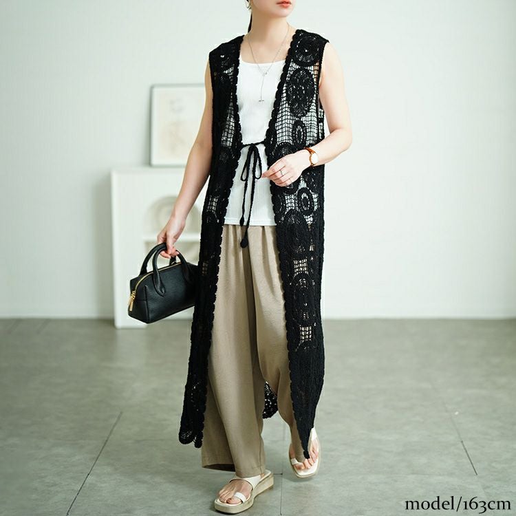 大きいサイズ レディース クロッシェ編みロングジレ　sada-6932