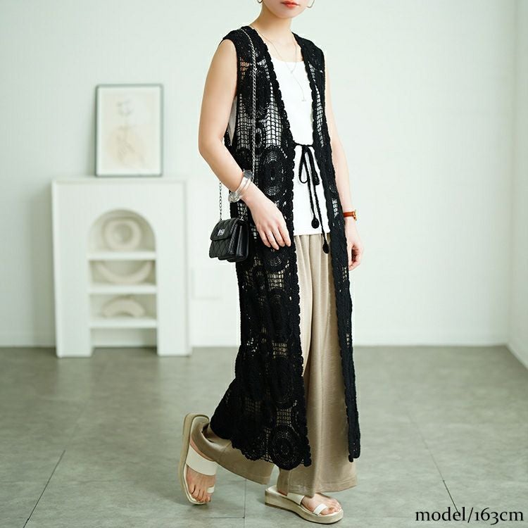 大きいサイズ レディース クロッシェ編みロングジレ　sada-6932