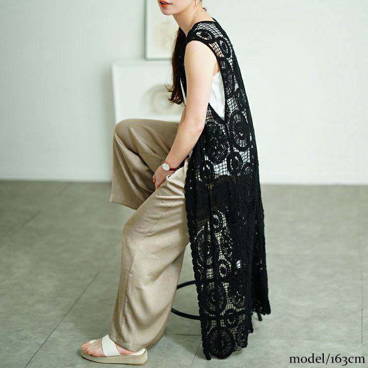 大きいサイズ レディース クロッシェ編みロングジレ　sada-6932