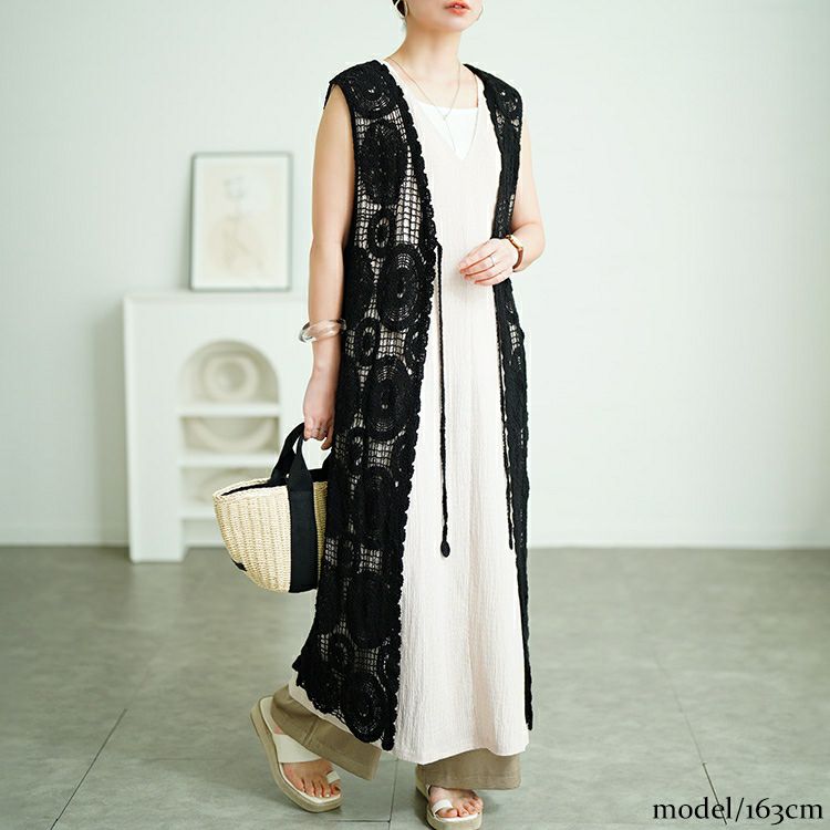 大きいサイズ レディース クロッシェ編みロングジレ　sada-6932