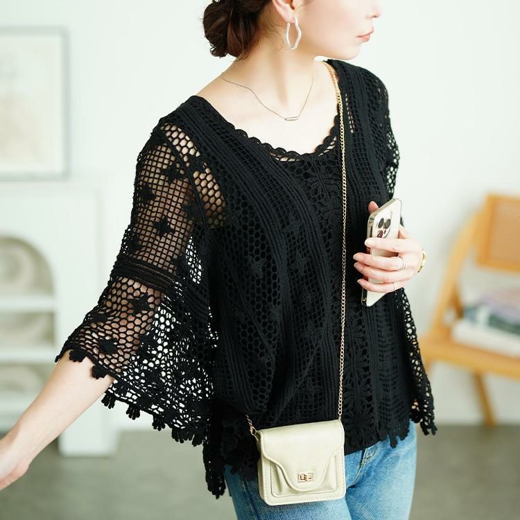 大きいサイズ レディース クロッシェ編みプルオーバー　sada-6933 ブラック