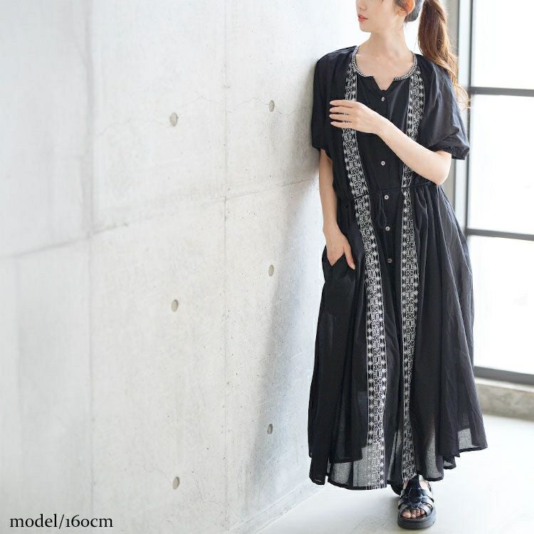 大きいサイズ レディース リボン紐付きエスニック風シャツワンピース　kt-24mi7【メール便可】