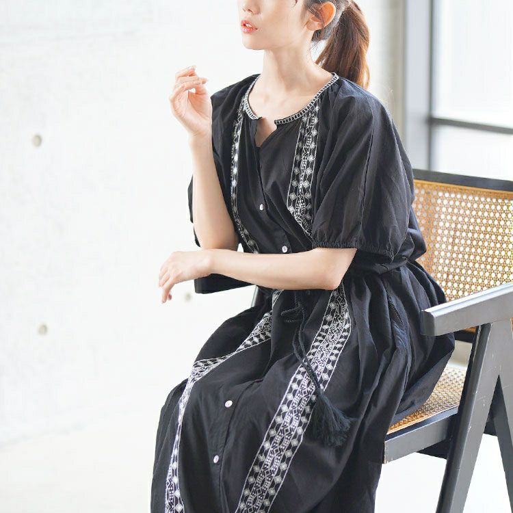 大きいサイズ レディース リボン紐付きエスニック風シャツワンピース　kt-24mi7【メール便可】