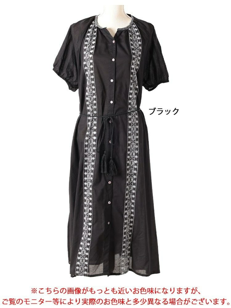 大きいサイズ レディース リボン紐付きエスニック風シャツワンピース　kt-24mi7【メール便可】