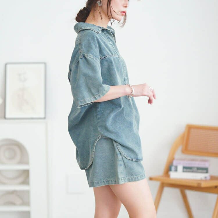 大きいサイズ レディース デニムシャツ＆ショートパンツセットアップ　goldy-1690