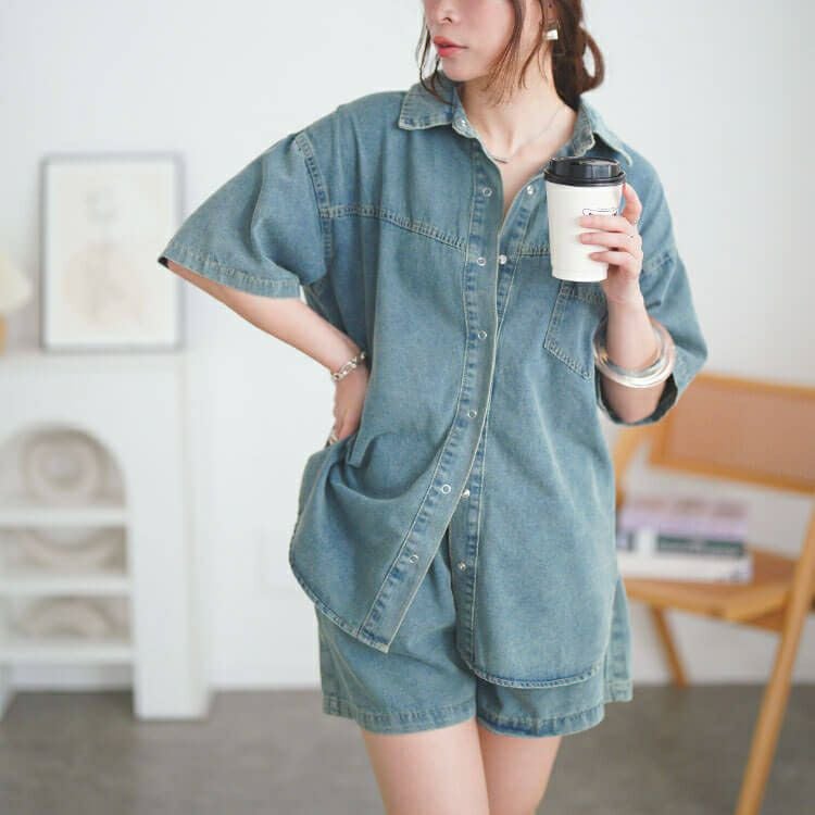 大きいサイズ レディース デニムシャツ＆ショートパンツセットアップ　goldy-1690