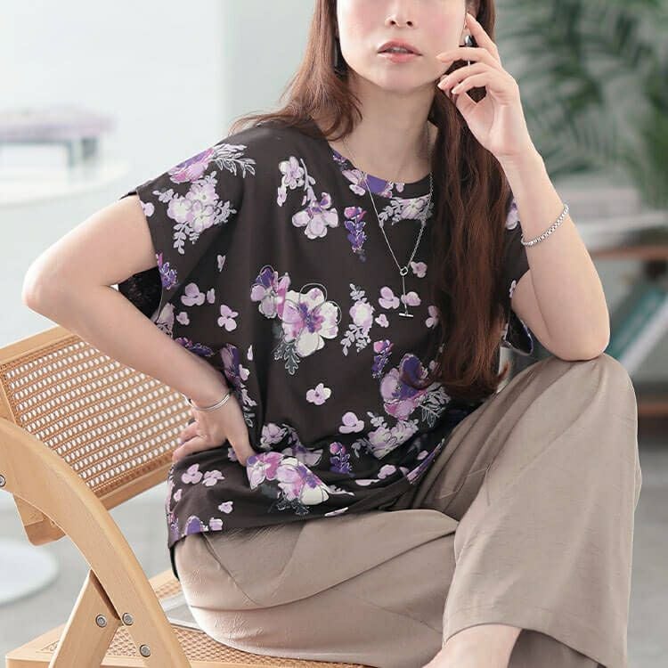 大きいサイズ レディース 接触冷感花柄コットンTシャツ　plan-281517 【メール便可】