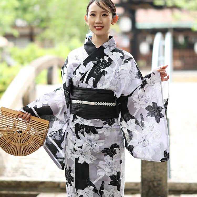 大きいサイズ レディース 【シアー浴衣】浴衣4点セット 百合柄 上下セパレート浴衣＆結び帯＆インナー（4点）　yukata-s17s