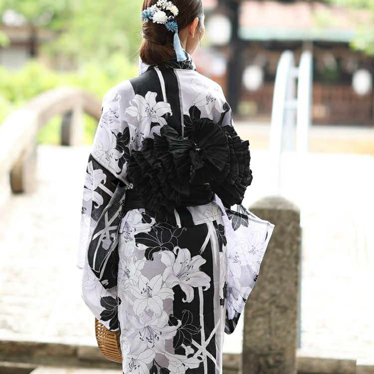 大きいサイズ レディース 【シアー浴衣】浴衣4点セット 百合柄 上下セパレート浴衣＆結び帯＆インナー（4点）　yukata-s17s