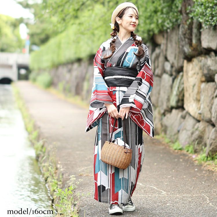 大きいサイズ レディース 【シアー浴衣】浴衣4点セット 矢羽根柄 上下セパレート浴衣＆結び帯＆インナー（4点）　yukata-s15s