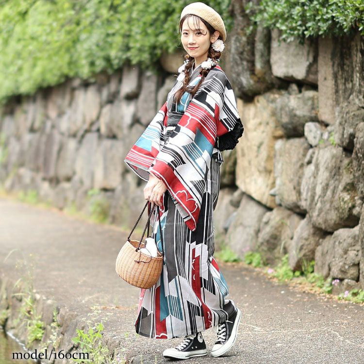 大きいサイズ レディース 【シアー浴衣】浴衣4点セット 矢羽根柄 上下セパレート浴衣＆結び帯＆インナー（4点）　yukata-s15s