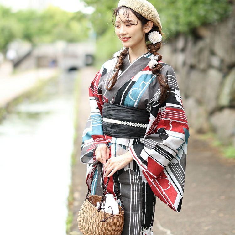 大きいサイズ レディース 【シアー浴衣】浴衣4点セット 矢羽根柄 上下セパレート浴衣＆結び帯＆インナー（4点）　yukata-s15s