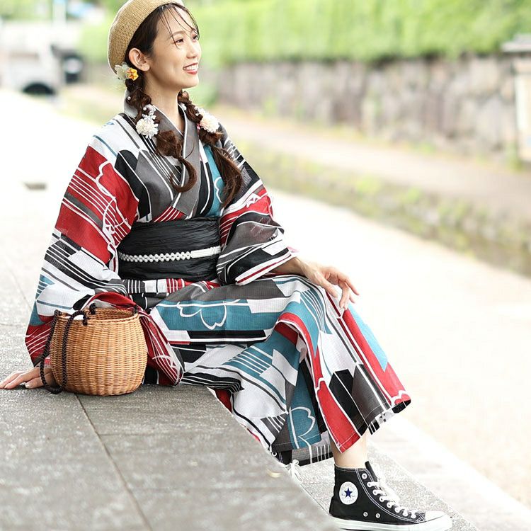 大きいサイズ レディース 【シアー浴衣】浴衣4点セット 矢羽根柄 上下セパレート浴衣＆結び帯＆インナー（4点）　yukata-s15s