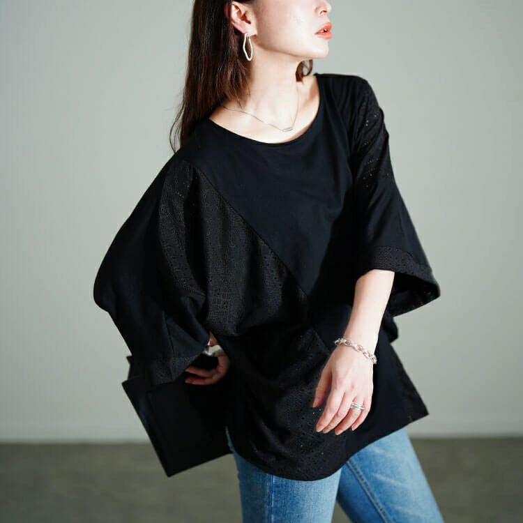 大きいサイズ レディース レース切り替えドルマンプルオーバー　sum-0006 【メール便可】