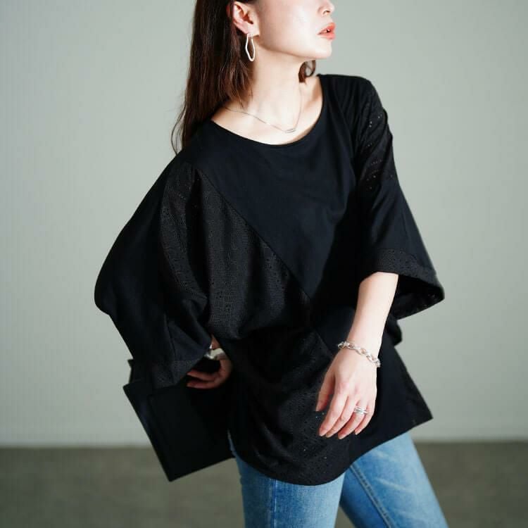 大きいサイズ レディース レース切り替えドルマンプルオーバー　sum-0006 【メール便可】 ブラック