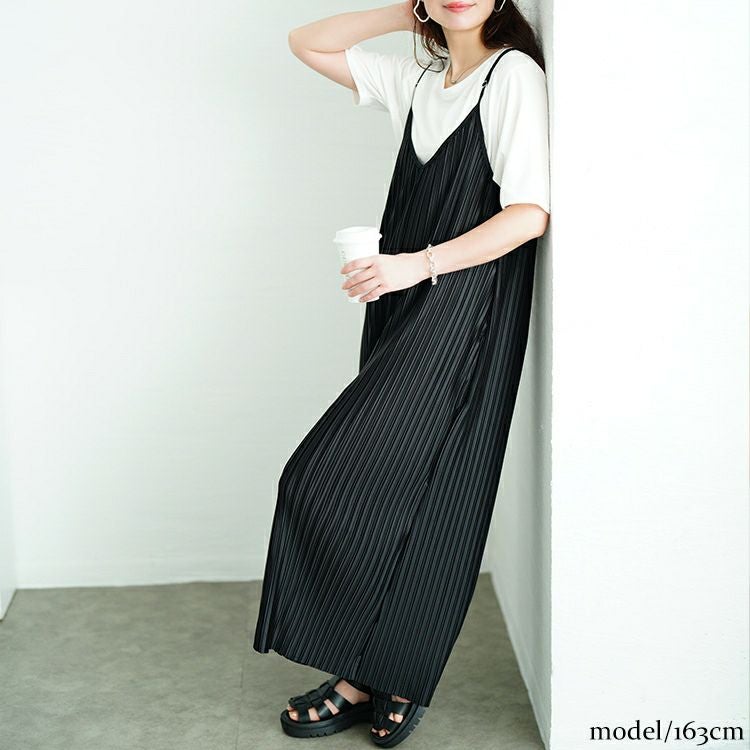 大きいサイズ レディース ランダムプリーツワイドサロペット＆Tシャツ2点セット　plan-481004