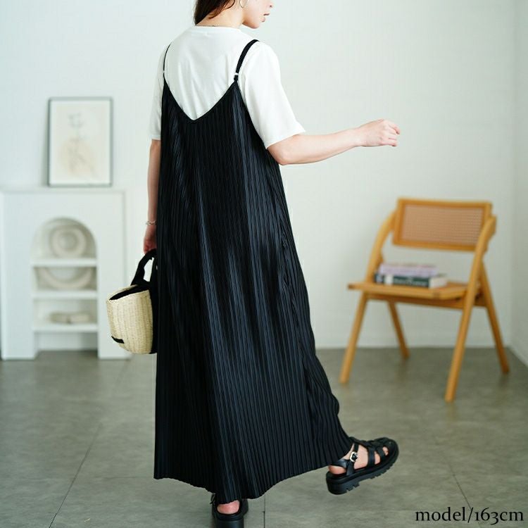 大きいサイズ レディース ランダムプリーツワイドサロペット＆Tシャツ2点セット　plan-481004